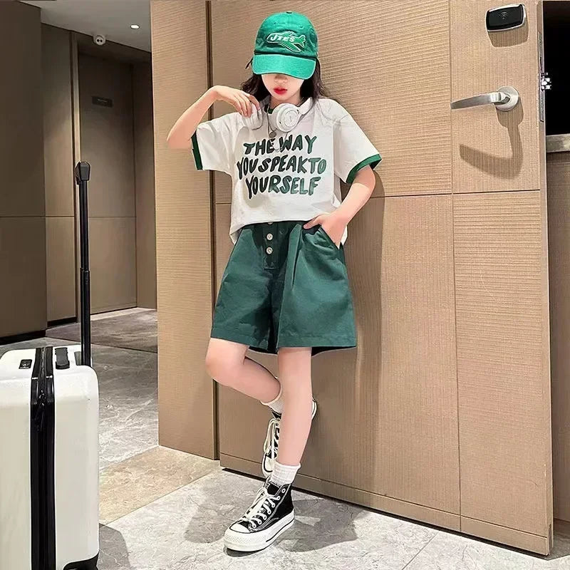 Children's Sets Teenager Clothing Free Shipping Items Summer Color Block Sports Suit Letter T-shirt +Quarter Pants Two-piece Set
