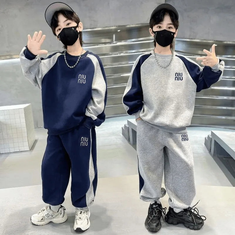 Autumn Children Boys Clothes Set Teenage Letter Pullover Top&Pants Bottom 2pc Kid Color Blocking Sweatshirts Fashion Tracksuits