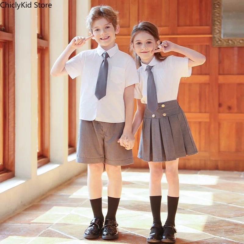 Girls Fashion Blouse Pleated Skirt Boys British Shirt Shorts Child Kindergarten Students Summer Clothes Sets Kids School Uniform