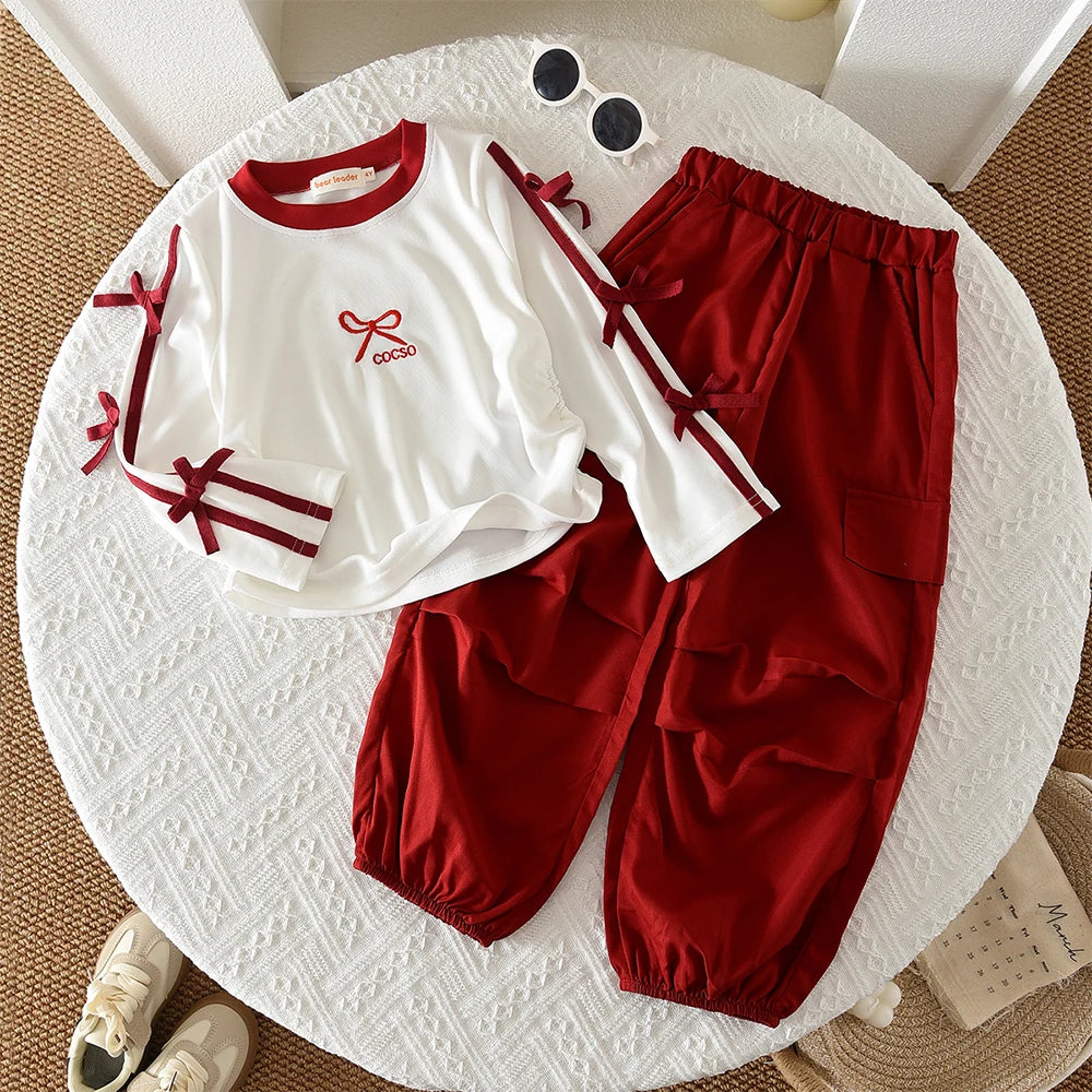 Autumn Fashion New Girls Clothes Red Bow Decoration Letter Embroidery Long Sleeved Top+Work Pants 2Pcs Set Children's Clothing