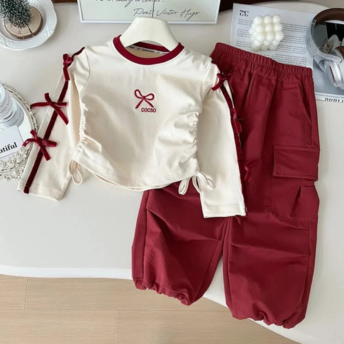 Autumn Fashion New Girls Clothes Red Bow Decoration Letter Embroidery Long Sleeved Top+Work Pants 2Pcs Set Children's Clothing