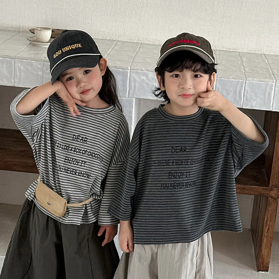 Crew Neck Top Letter Print Short-sleeved T-shirt Boys Grils Children Fashionable Comfortable Loose Casual All-matching