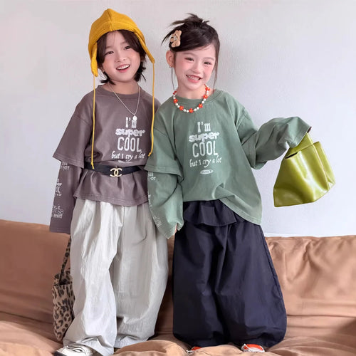 2026 Spring New Korean Edition Children's Letter Fake Two Piece T-shirt for Boys and Girls Round Neck Long Sleeve