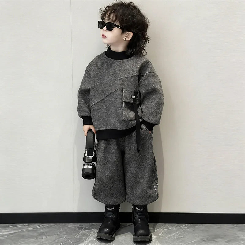 New Velvet Set  Children 2026 Spring Autumn Hoodie Korean Edition Cool Handsome Casual Pants Children's Wear Two Piece Set 4-12Y