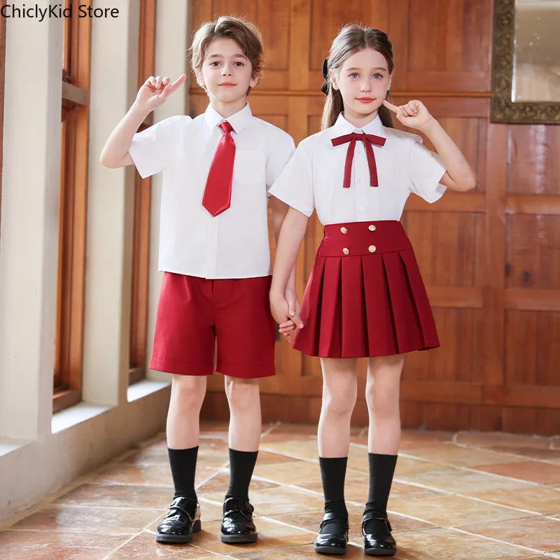 Girls Fashion Blouse Pleated Skirt Boys British Shirt Shorts Child Kindergarten Students Summer Clothes Sets Kids School Uniform